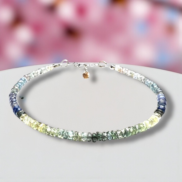 Natural Teal Ombre Sapphire Bracelet Solid 14k White Gold 585 , 7.2" - 7 .65" - Picture 1 of 7